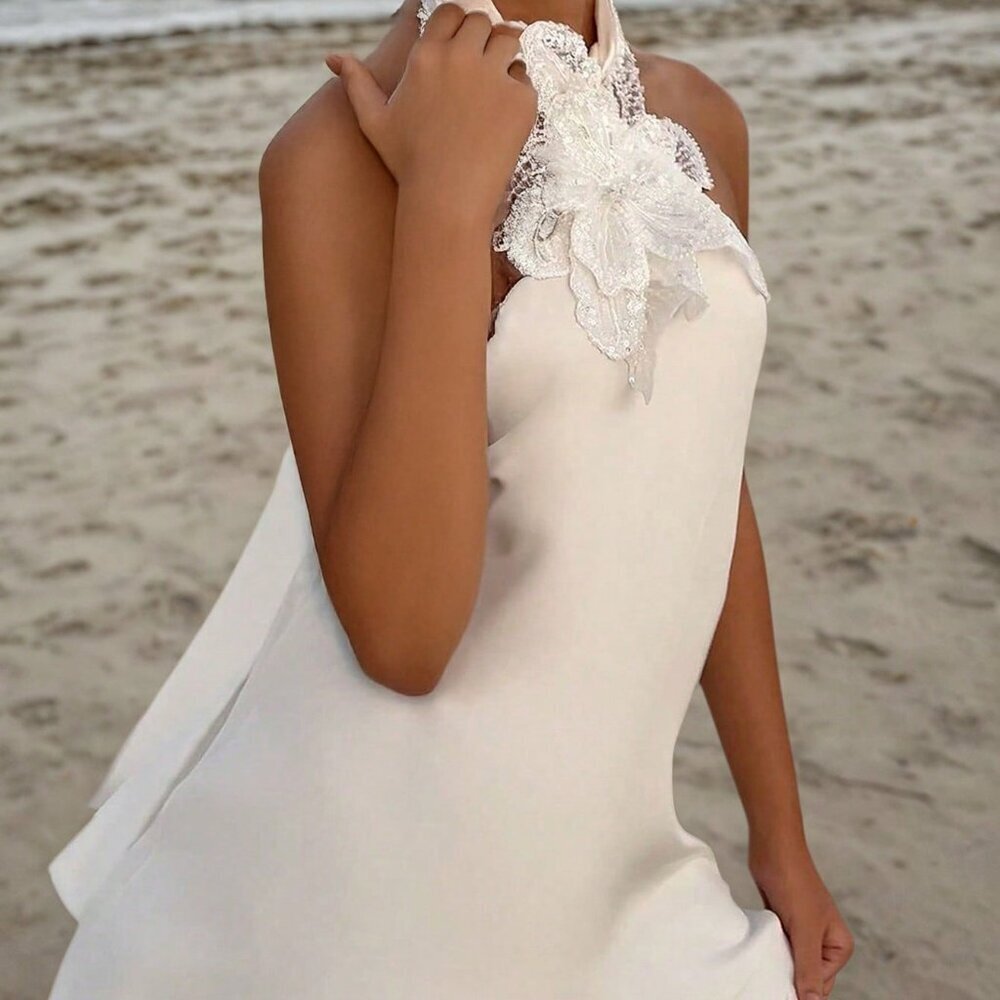 White Sexy Women's All Satin Halter Dress - Picture 3 of 6